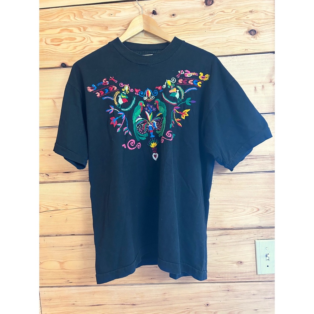 Coco Rock Vintage Embroidered Parrot Bird Floral T-Shirt Black XL